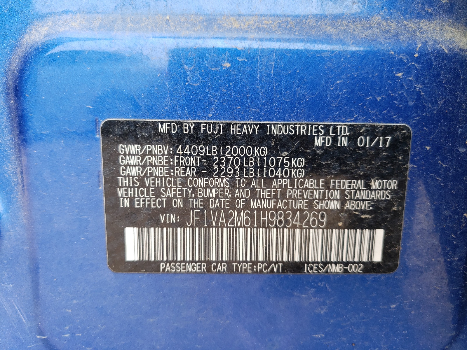 JF1VA2M61H9834269 2017 Subaru Wrx Sti