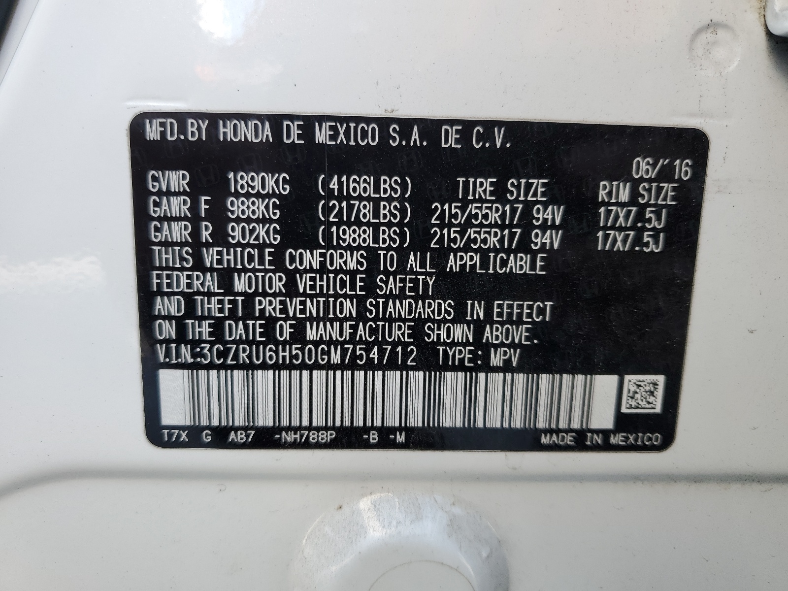 3CZRU6H50GM754712 2016 Honda Hr-V Ex