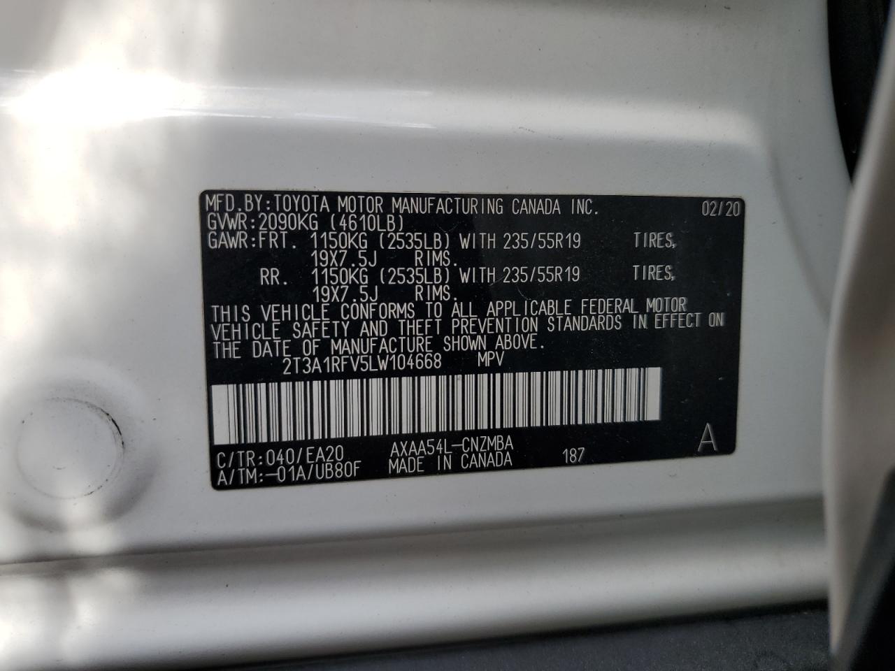 2020 Toyota Rav4 Xle Premium VIN: 2T3A1RFV5LW104668 Lot: 63676724