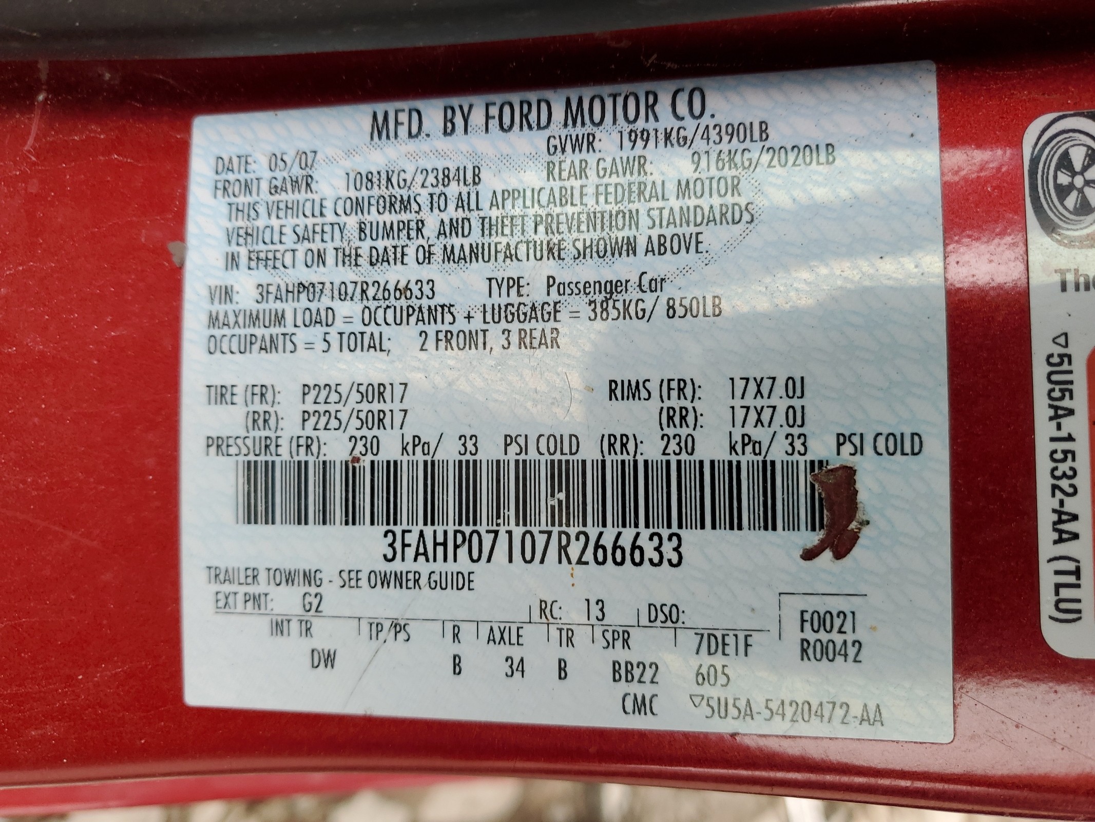 3FAHP07107R266633 2007 Ford Fusion Se