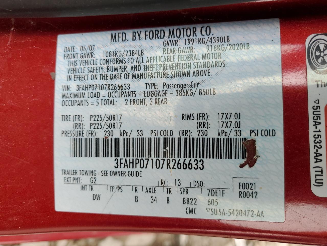 2007 Ford Fusion Se VIN: 3FAHP07107R266633 Lot: 64235574