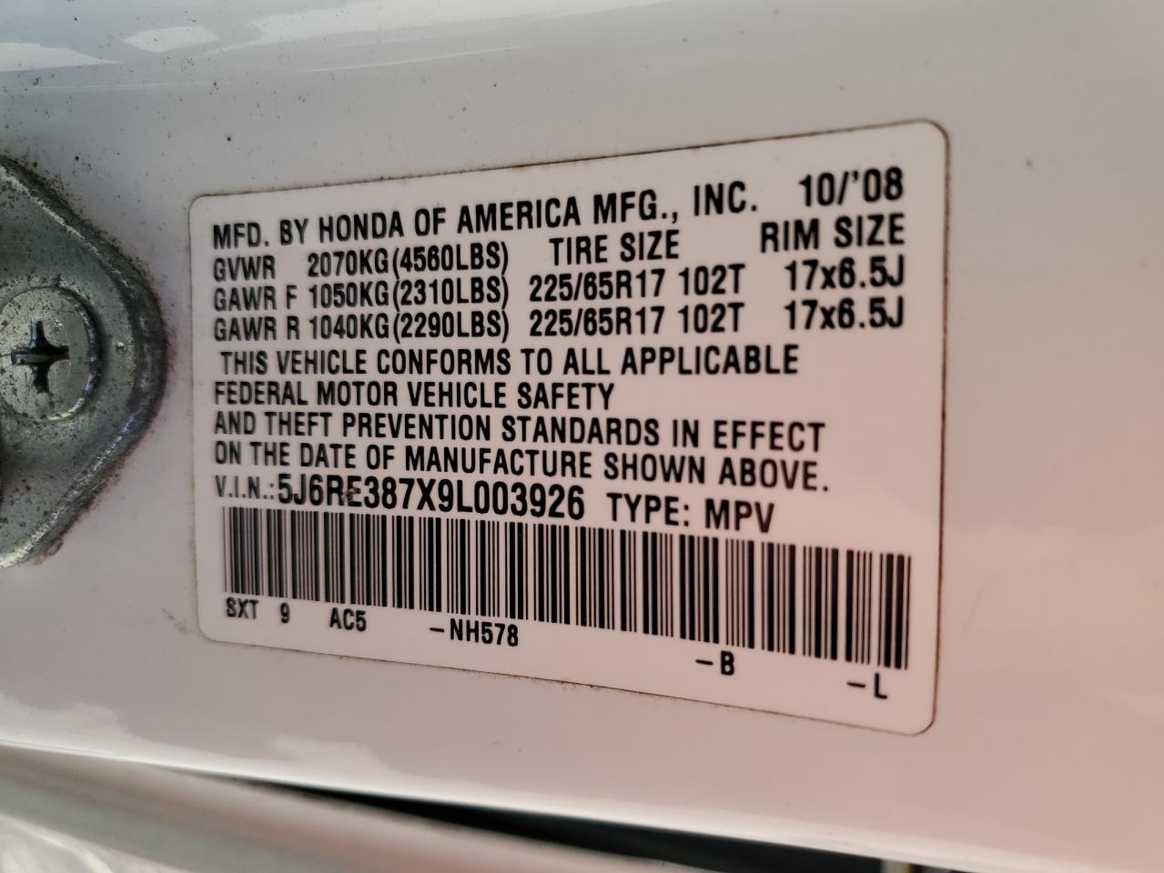 2009 Honda Cr-V Exl VIN: 5J6RE387X9L003926 Lot: 61749314