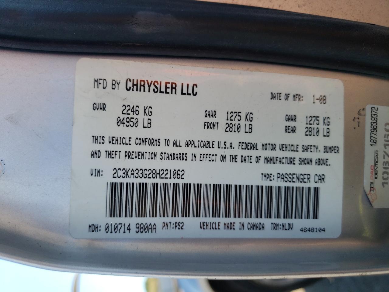 2008 Chrysler 300 Limited VIN: 2C3KA33G28H221062 Lot: 62196914