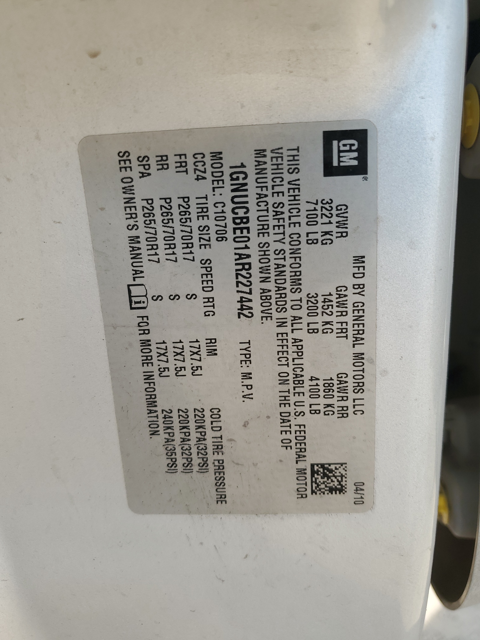 1GNUCBE01AR227442 2010 Chevrolet Tahoe C1500 Lt