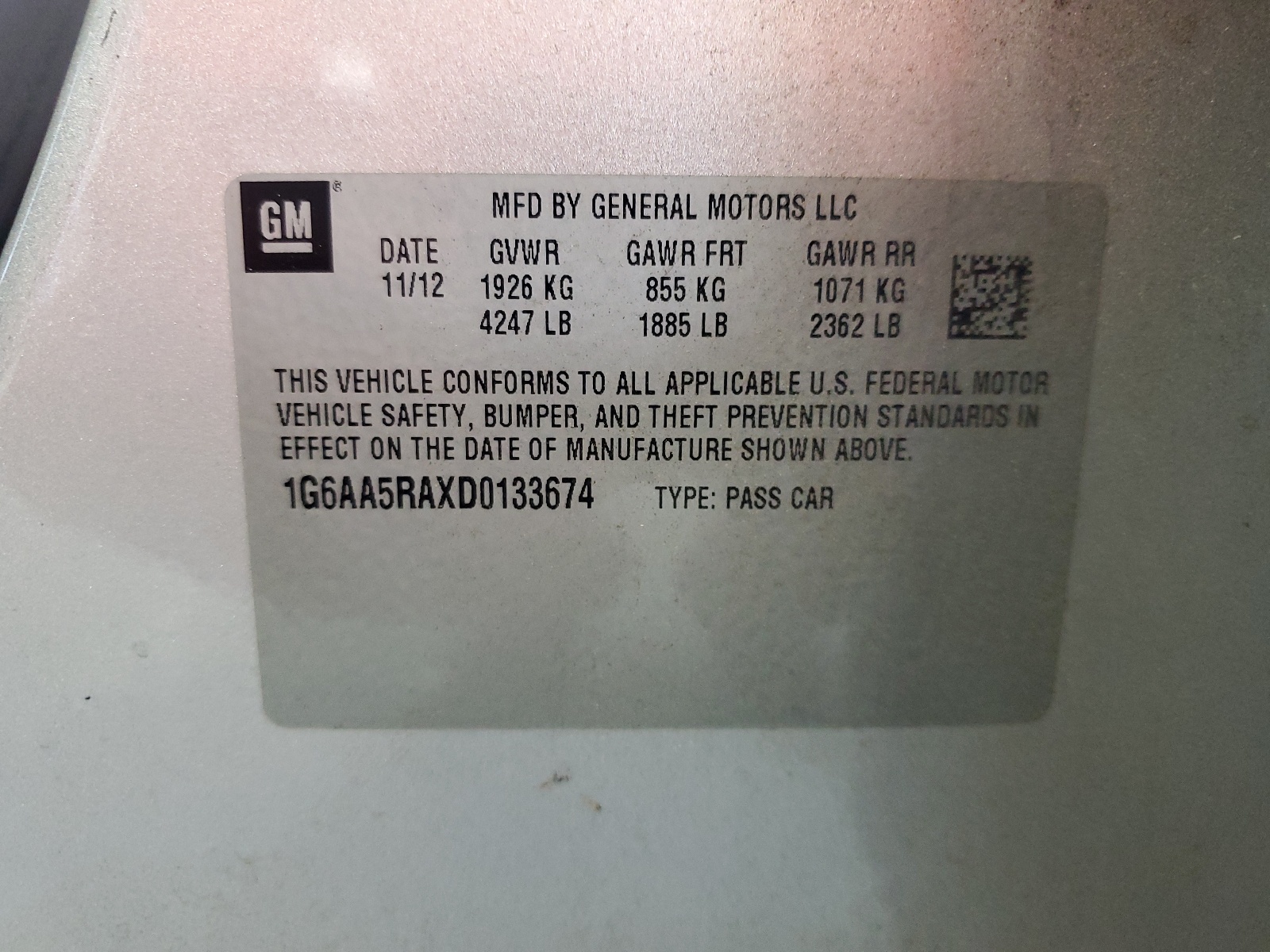 1G6AA5RAXD0133674 2013 Cadillac Ats