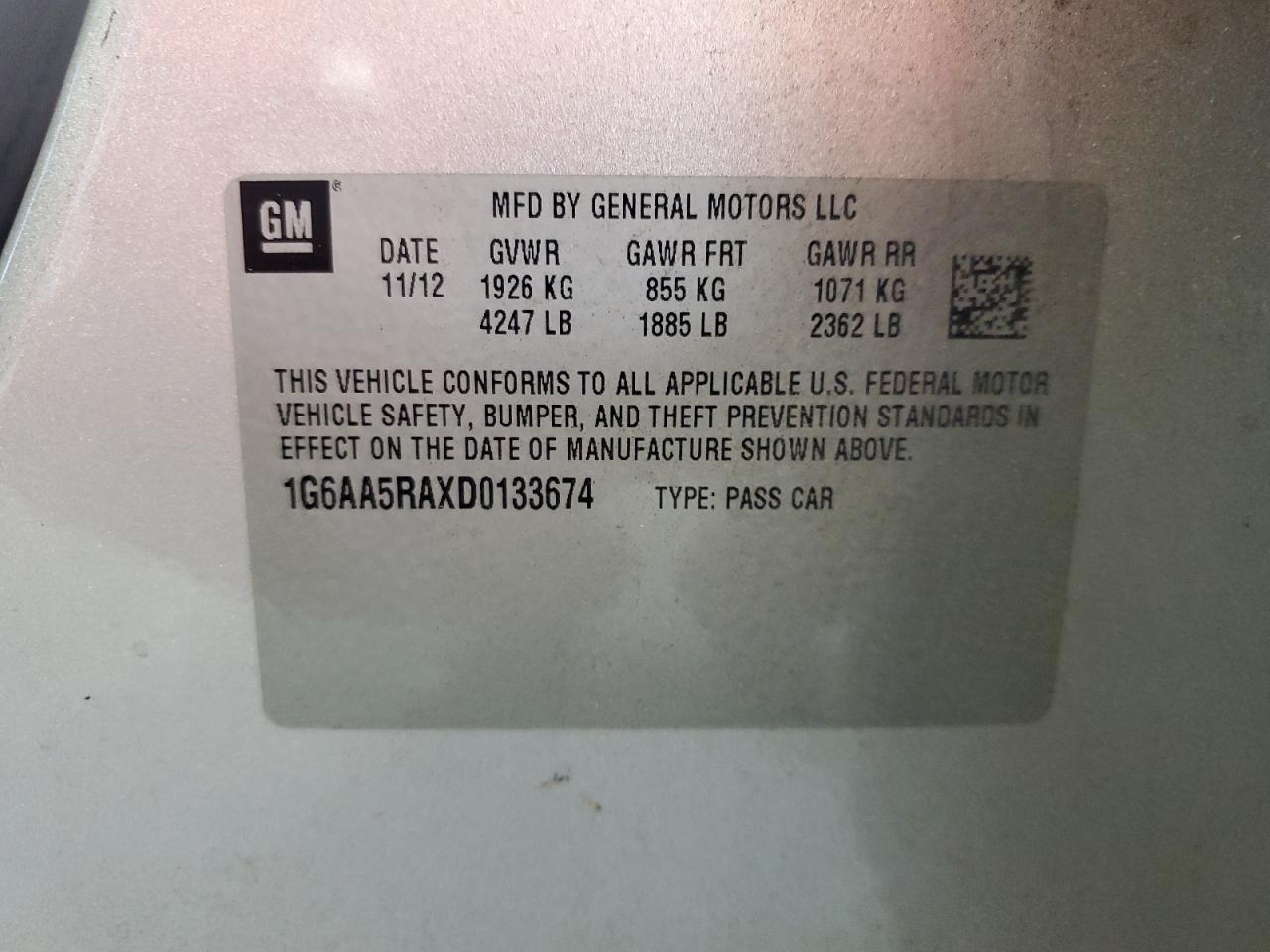 2013 Cadillac Ats VIN: 1G6AA5RAXD0133674 Lot: 61305484