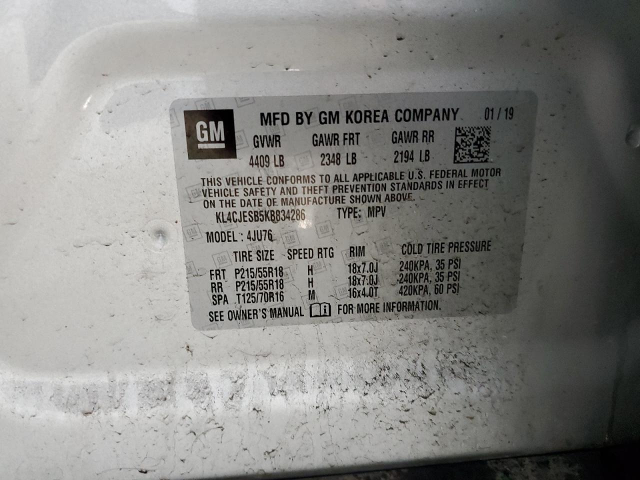 2019 Buick Encore Preferred VIN: KL4CJESB5KB834286 Lot: 64055614