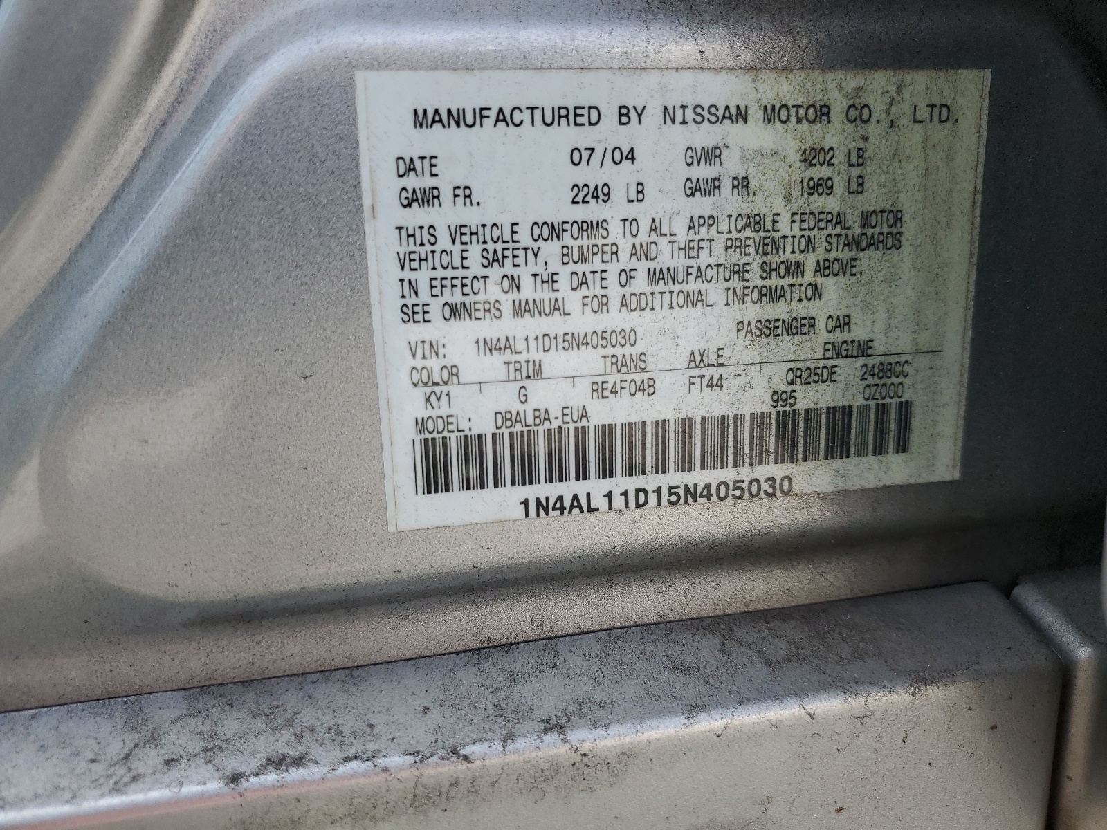 1N4AL11D15N405030 2005 Nissan Altima S