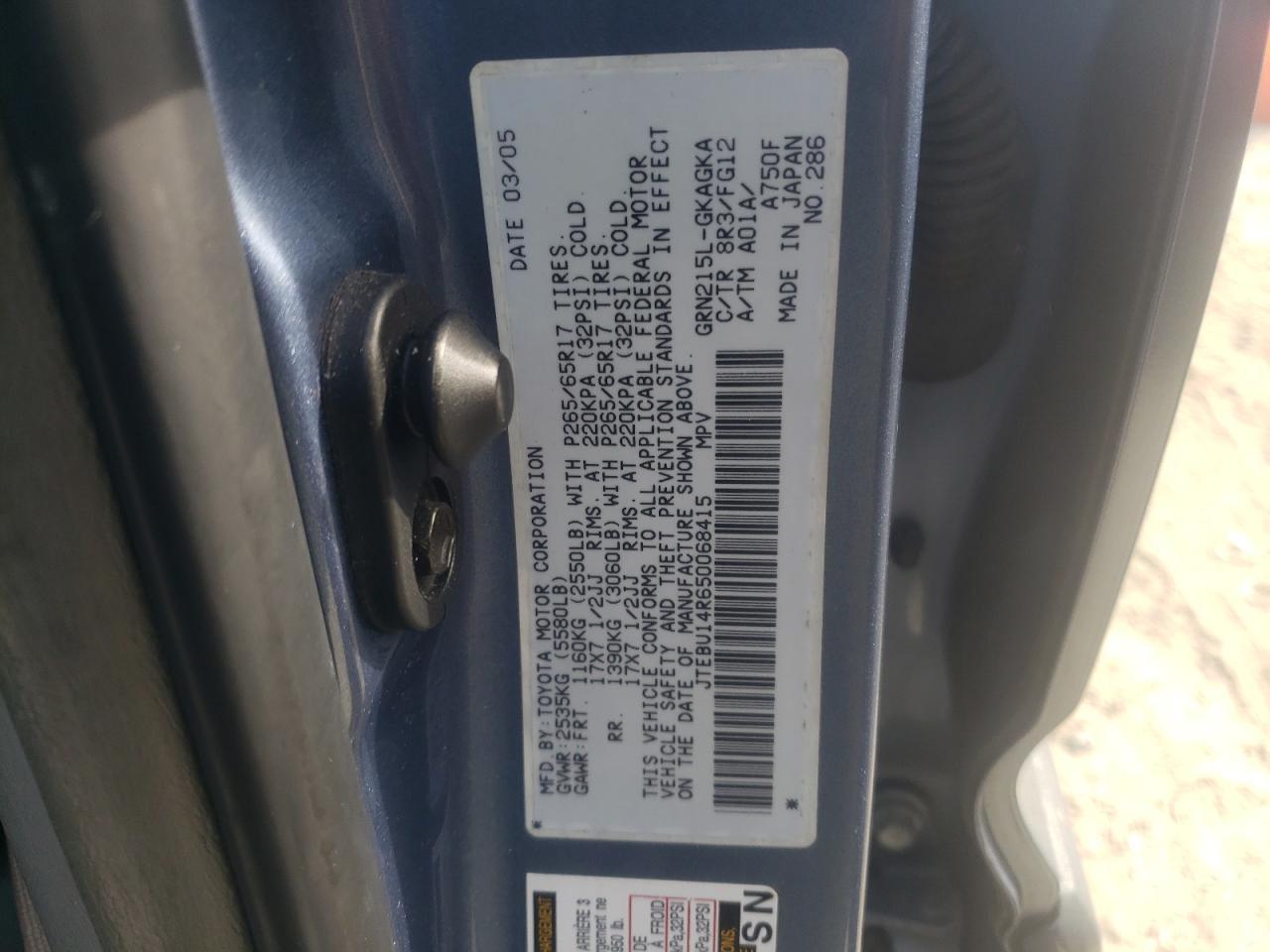 2005 Toyota 4Runner Sr5 VIN: JTEBU14R650068415 Lot: 62633534