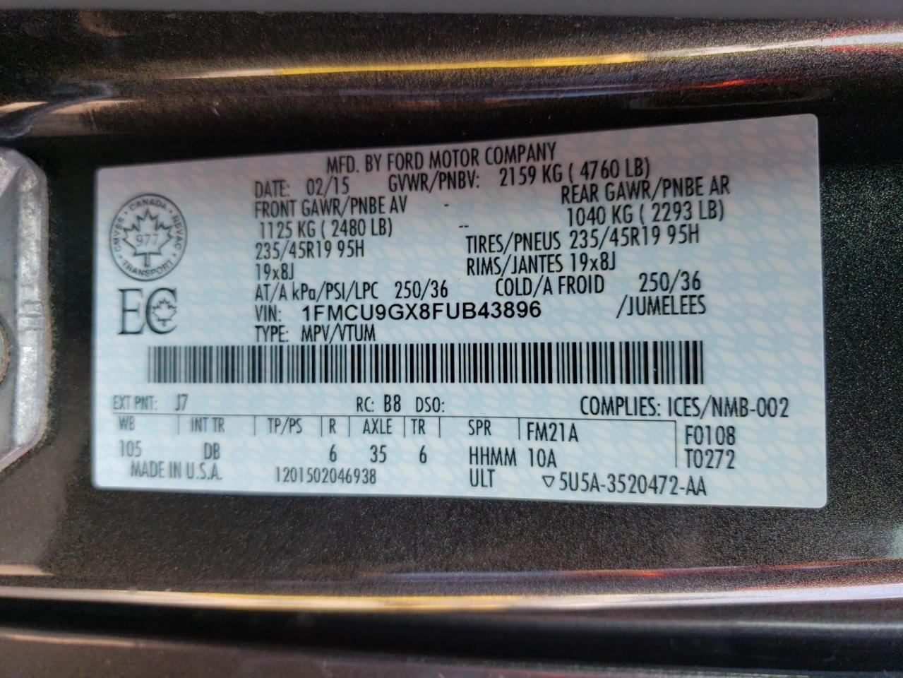 2015 Ford Escape Se VIN: 1FMCU9GX8FUB43896 Lot: 64065564