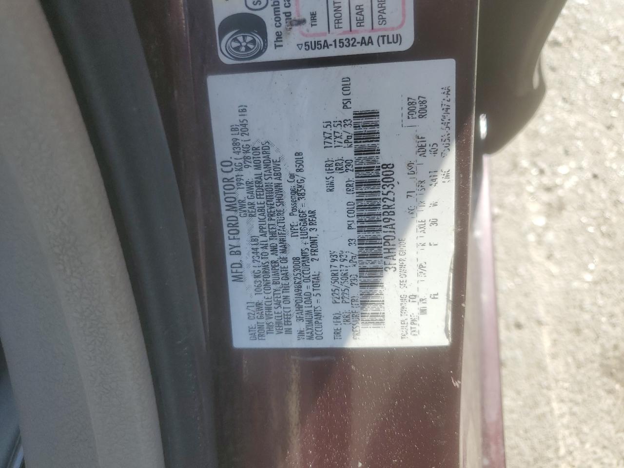 2011 Ford Fusion Sel VIN: 3FAHP0JA9BR253008 Lot: 64622144