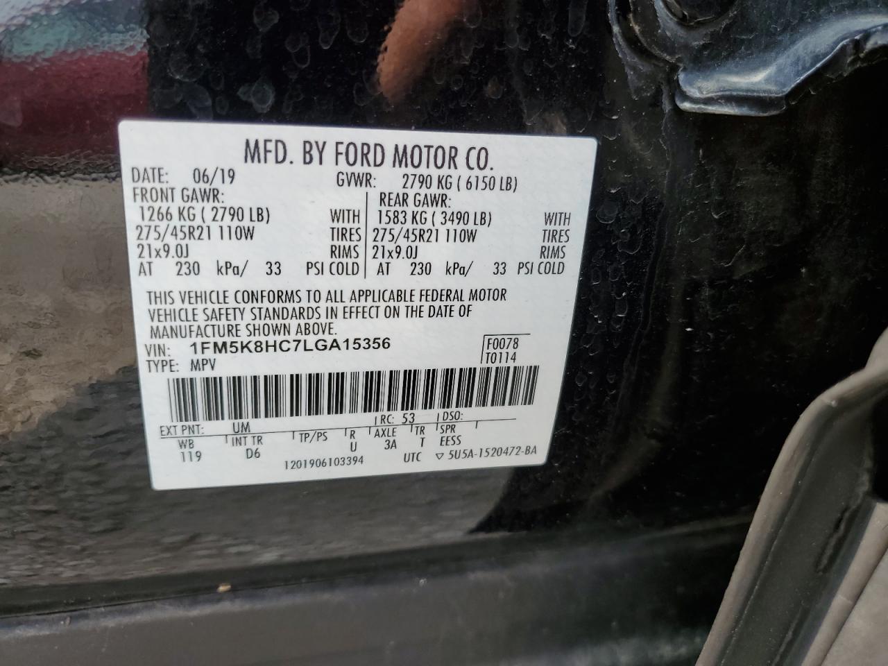 2020 Ford Explorer Platinum VIN: 1FM5K8HC7LGA15356 Lot: 63384014