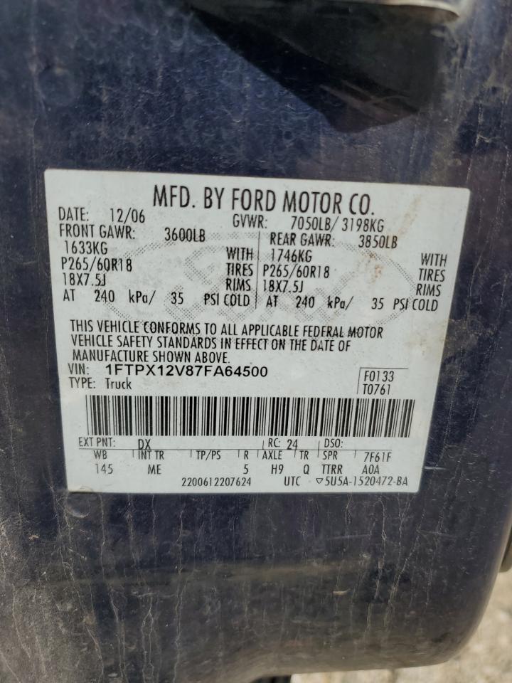 2007 Ford F150 VIN: 1FTPX12V87FA64500 Lot: 61635954