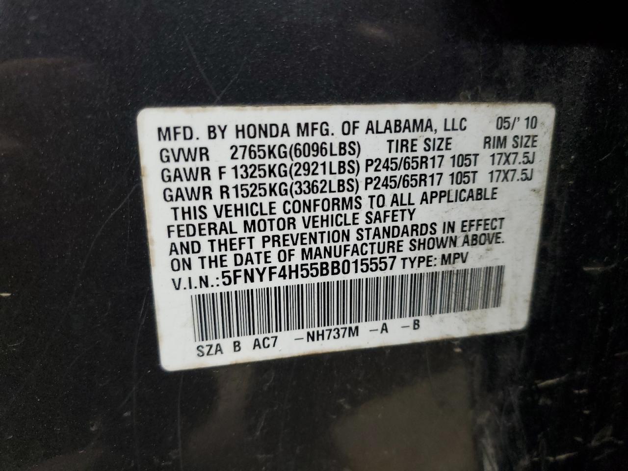 5FNYF4H55BB015557 2011 Honda Pilot Exl