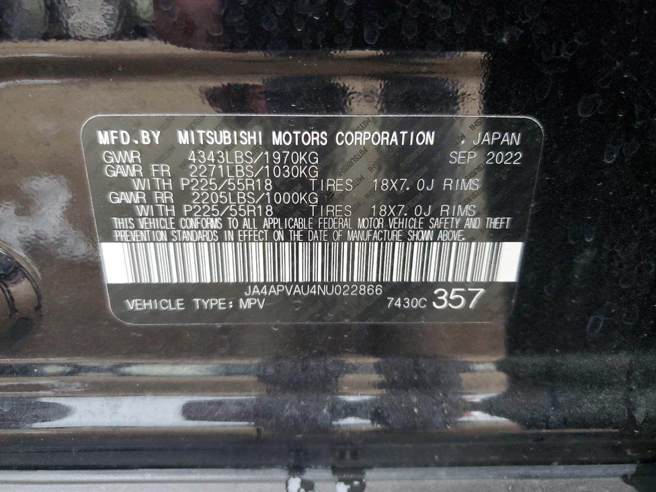 2022 Mitsubishi Outlander Sport Se VIN: JA4APVAU4NU022866 Lot: 63330504