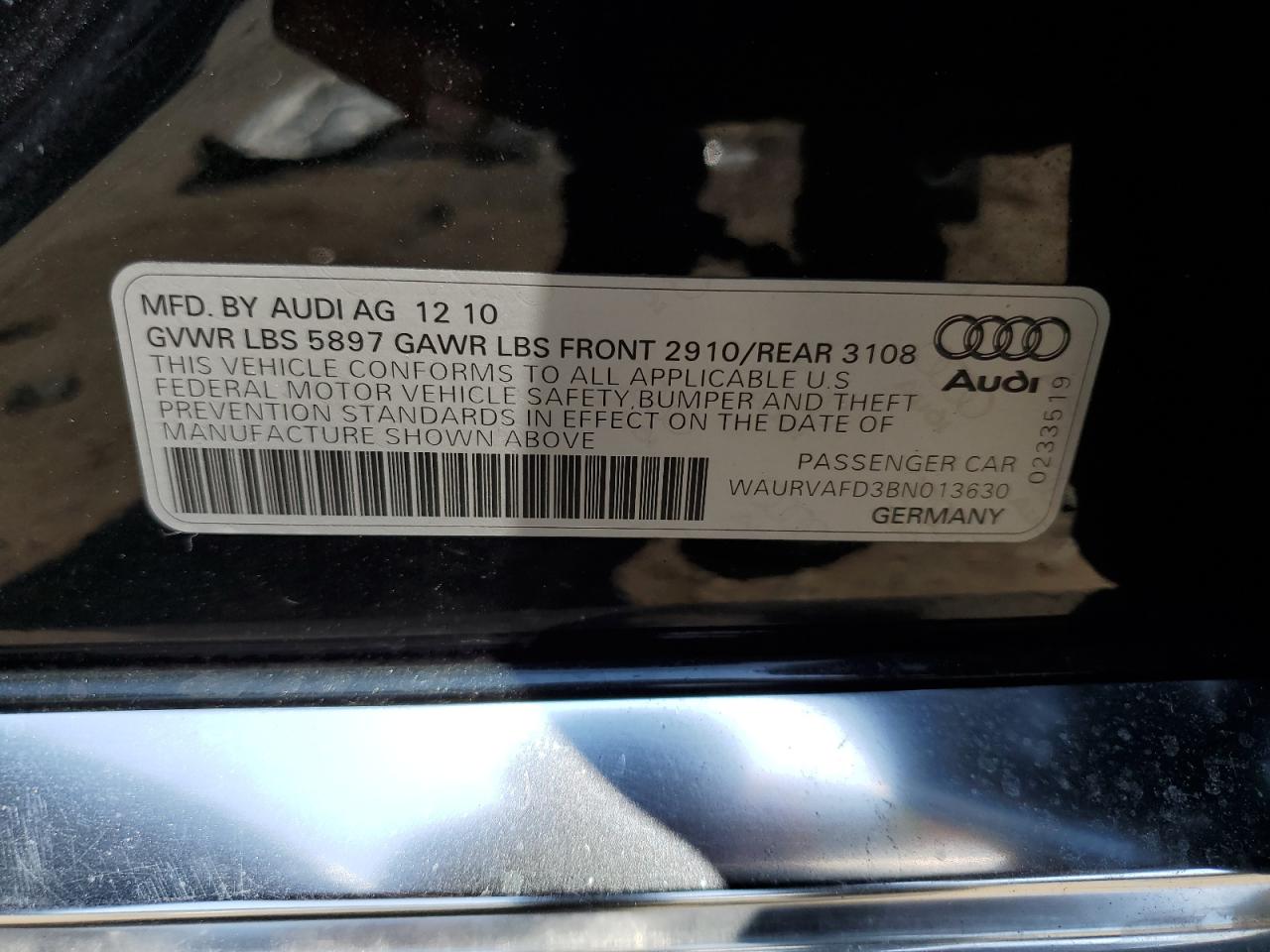 2011 Audi A8 L Quattro VIN: WAURVAFD3BN013630 Lot: 62406604