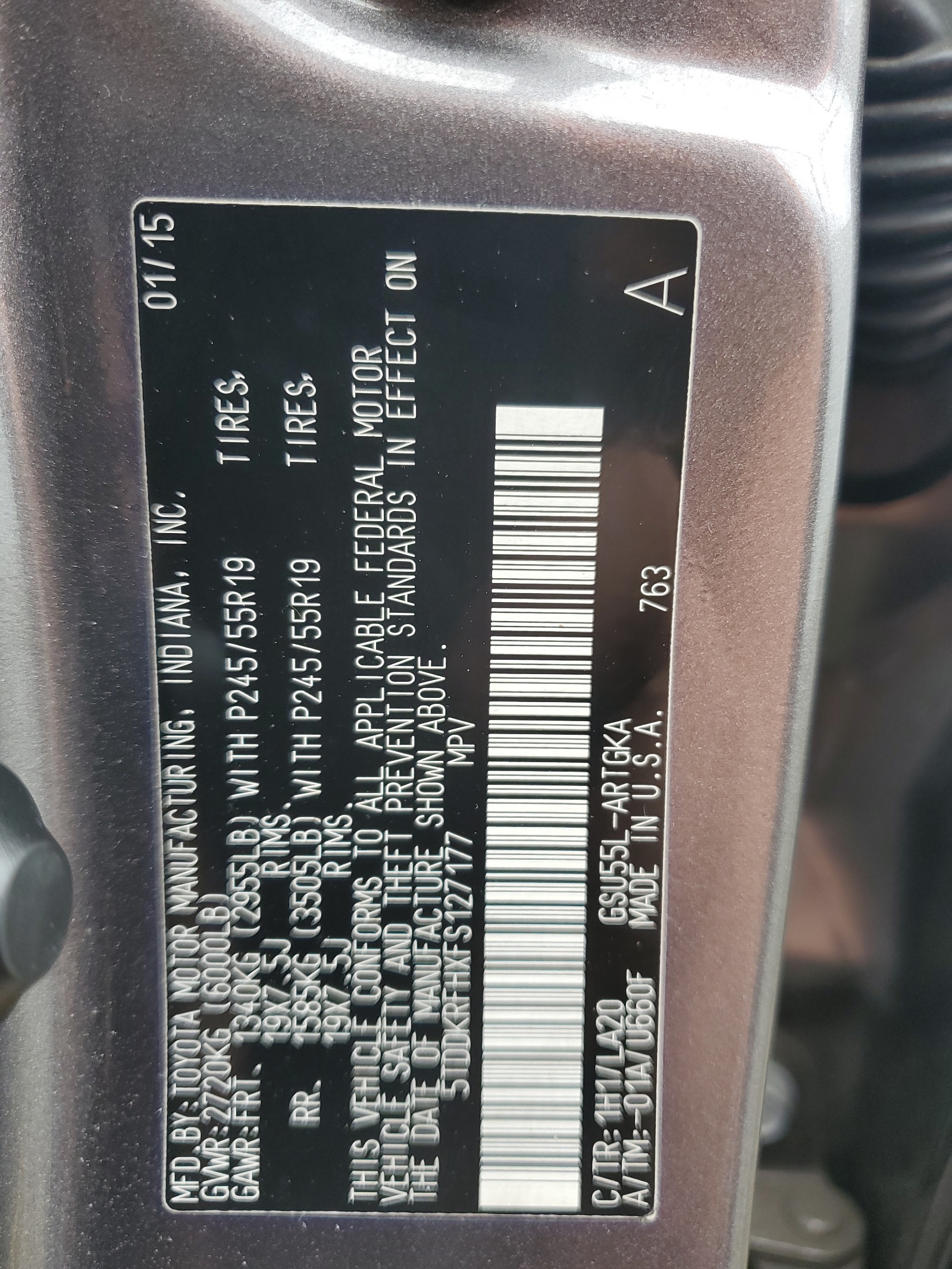 5TDDKRFHXFS127177 2015 Toyota Highlander Limited