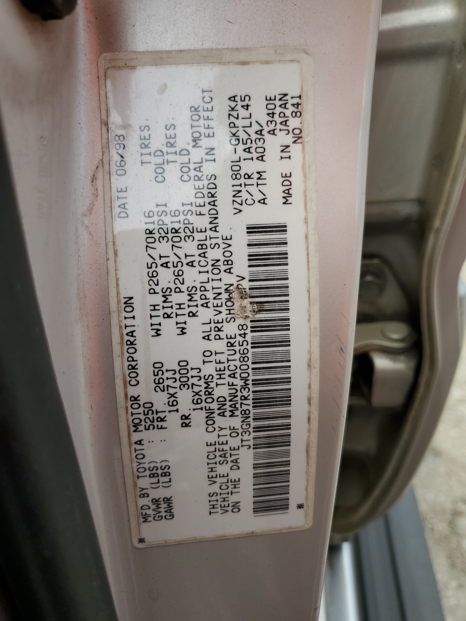 JT3GN87R3W0086548 1998 Toyota 4Runner Limited