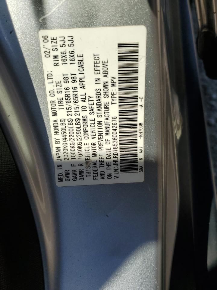 2006 Honda Cr-V Lx VIN: JHLRD78536C042676 Lot: 62912384