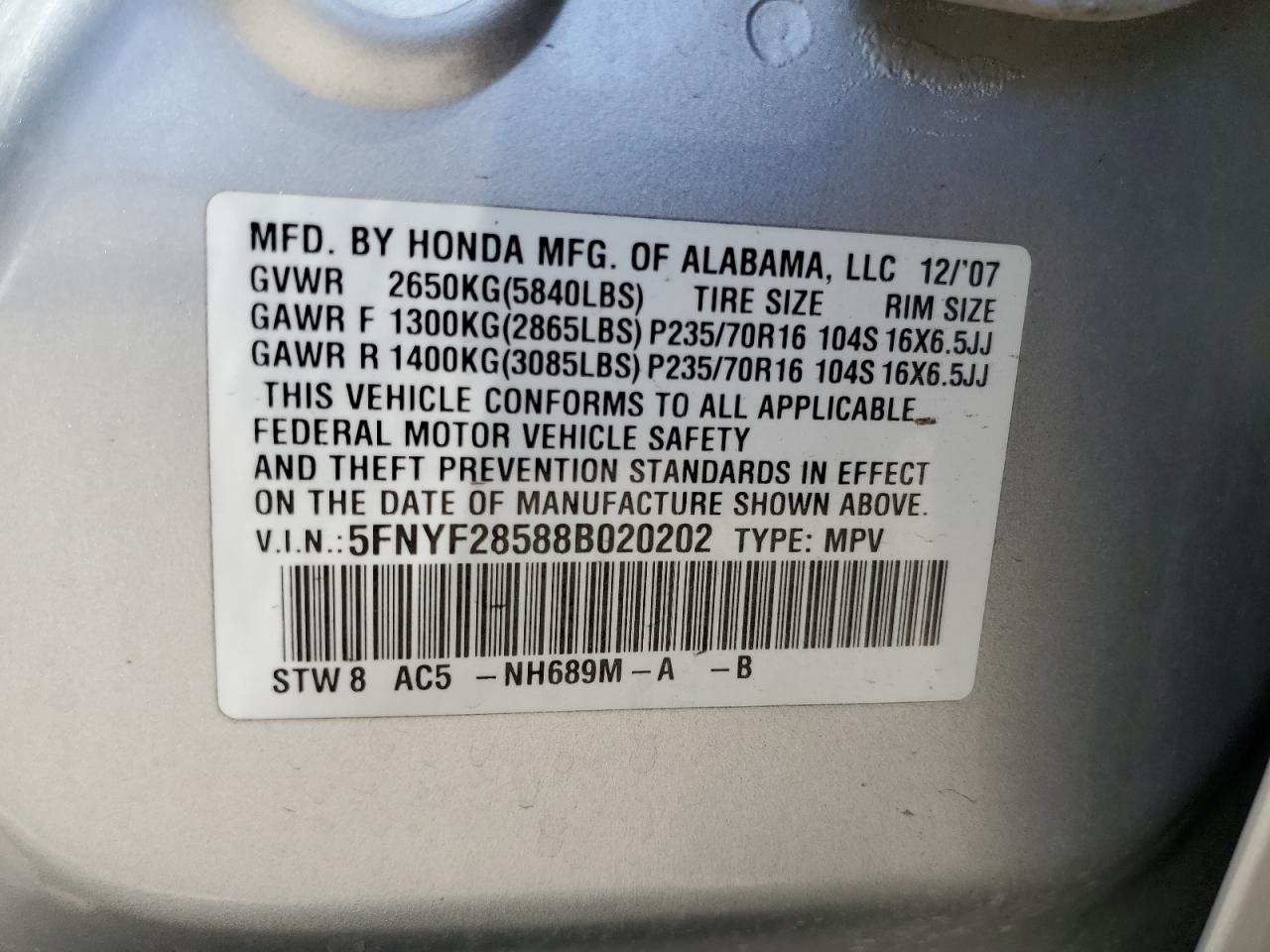 5FNYF28588B020202 2008 Honda Pilot Exl