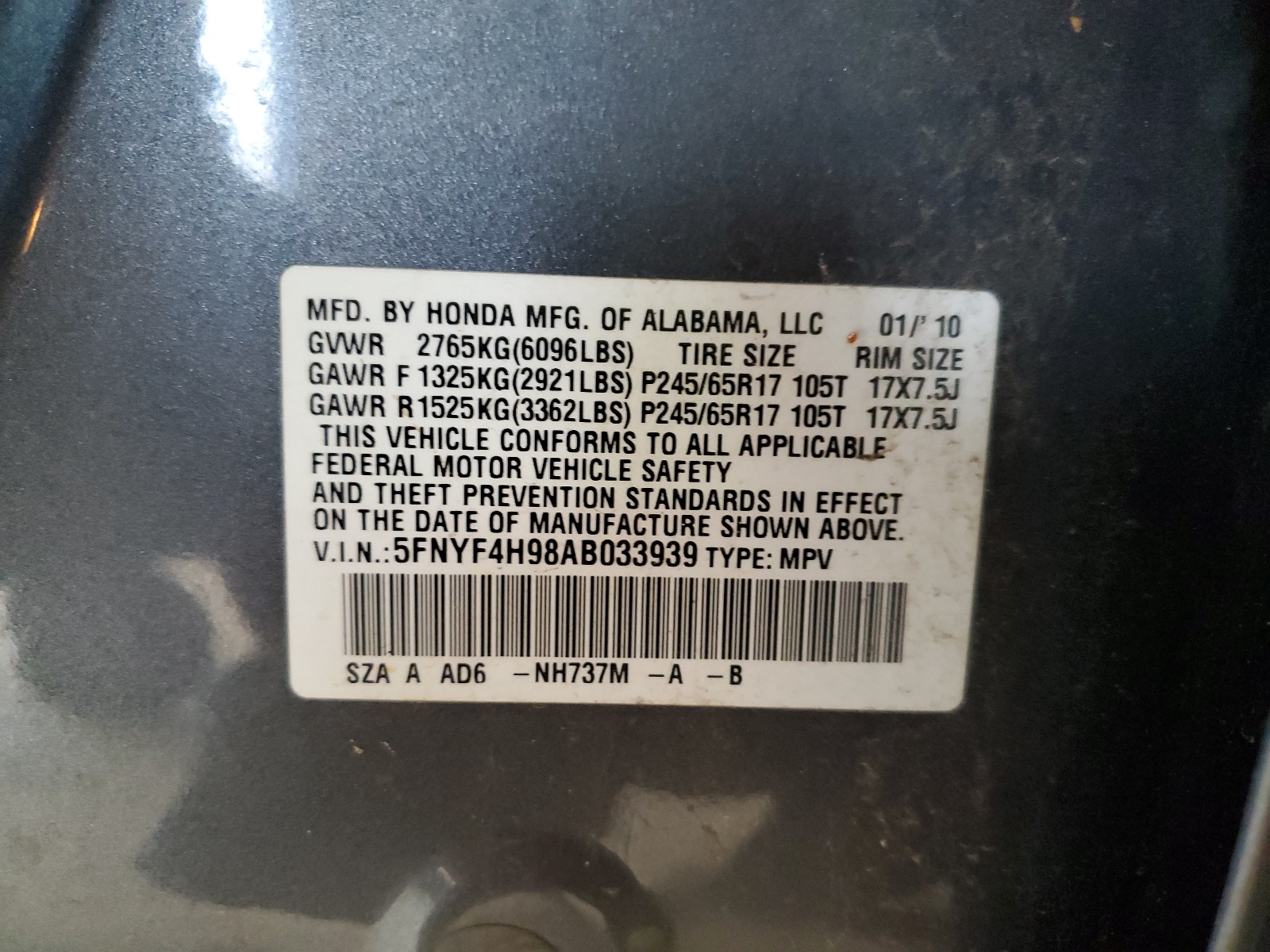 5FNYF4H98AB033939 2010 Honda Pilot Touring