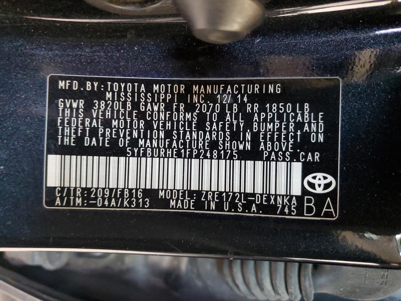 2015 Toyota Corolla L VIN: 5YFBURHE1FP248175 Lot: 64011054