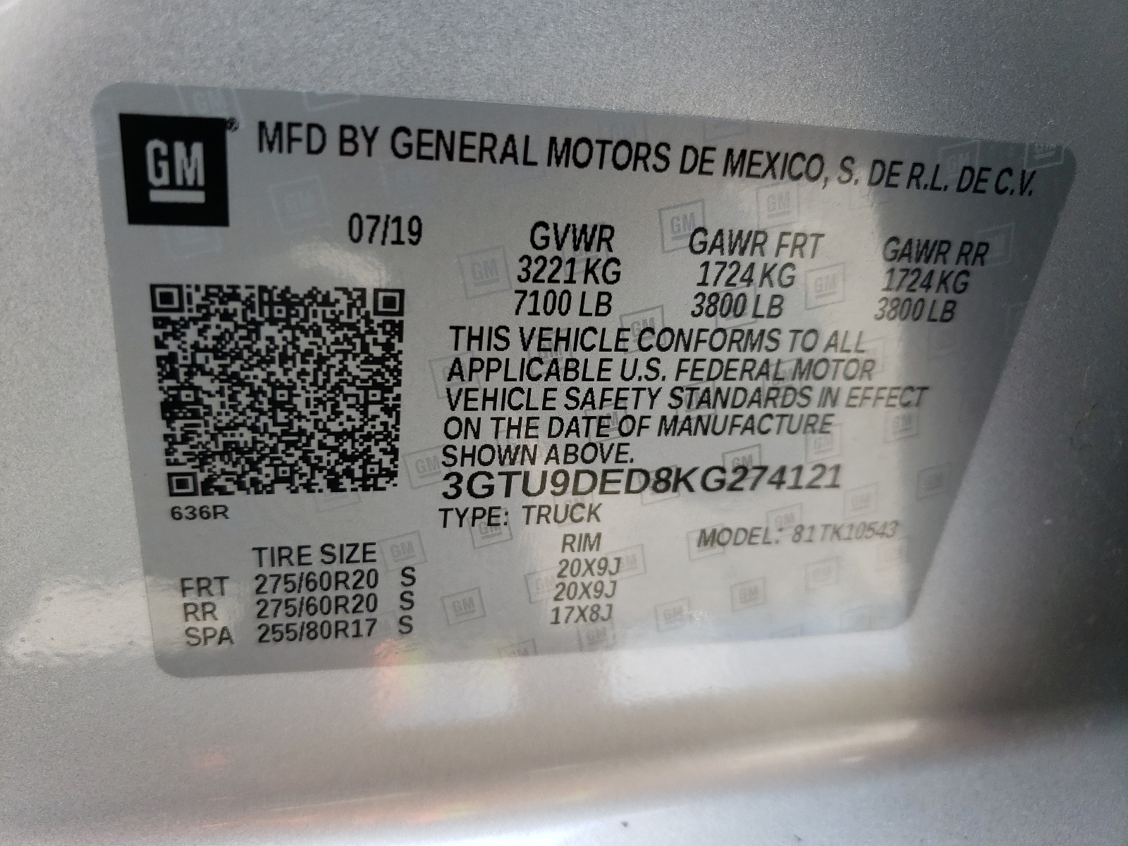 3GTU9DED8KG274121 2019 GMC Sierra K1500 Slt