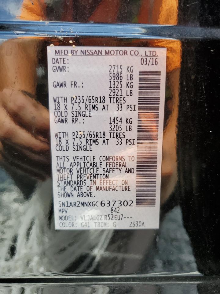 2016 Nissan Pathfinder S VIN: 5N1AR2MNXGC637302 Lot: 62096694