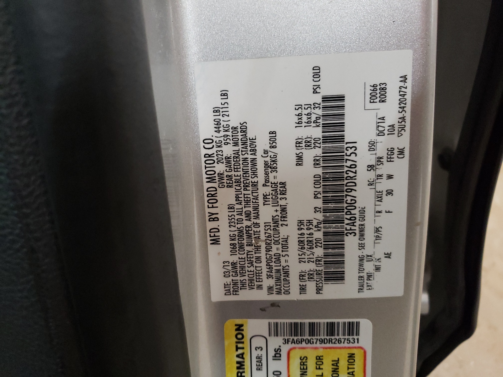 3FA6P0G79DR267531 2013 Ford Fusion S