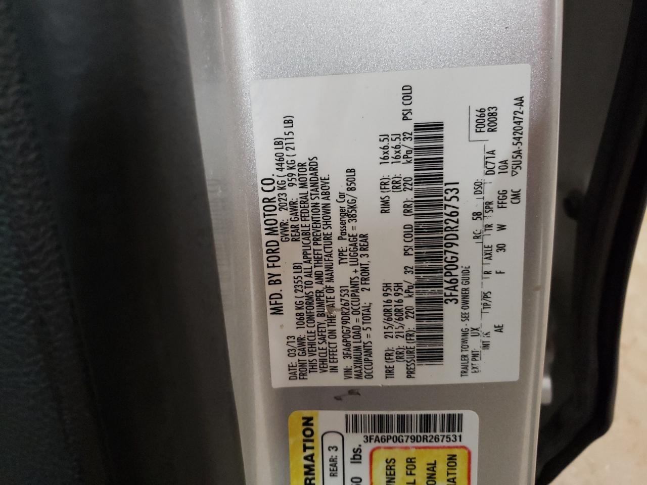 2013 Ford Fusion S VIN: 3FA6P0G79DR267531 Lot: 62736324