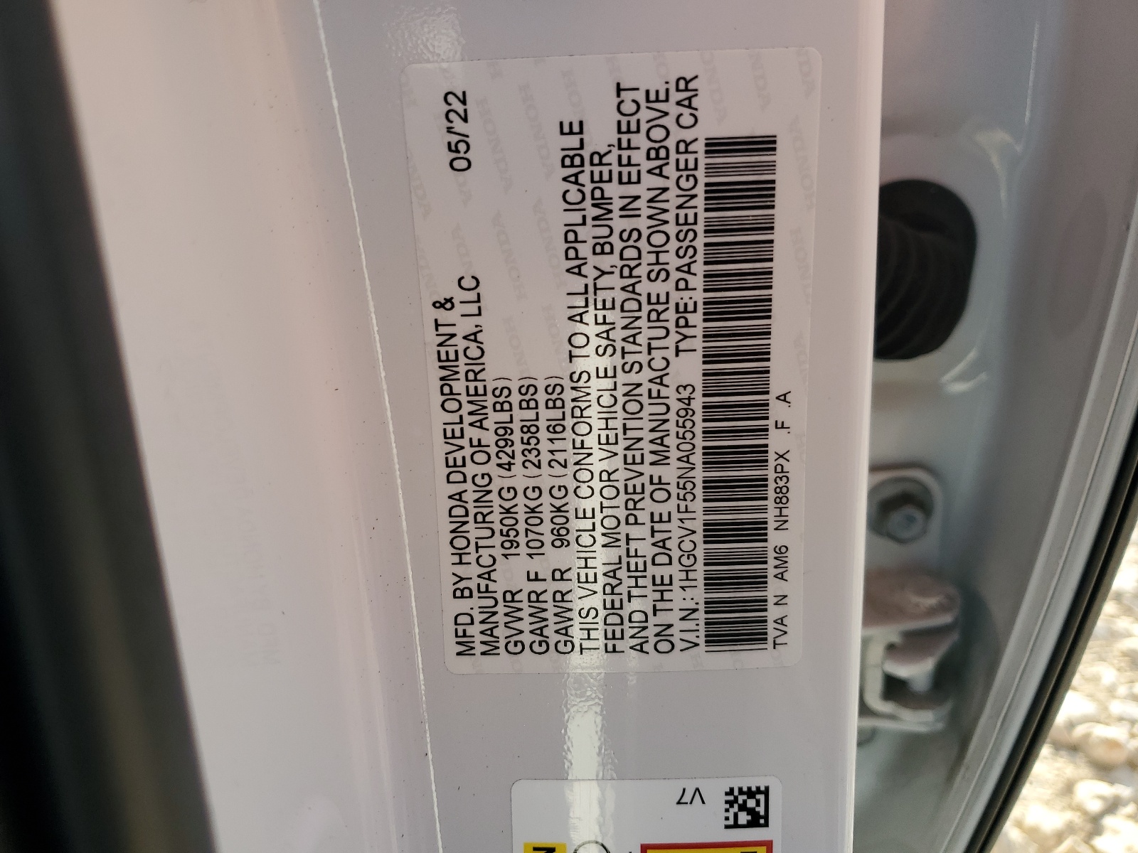 1HGCV1F55NA055943 2022 Honda Accord Exl