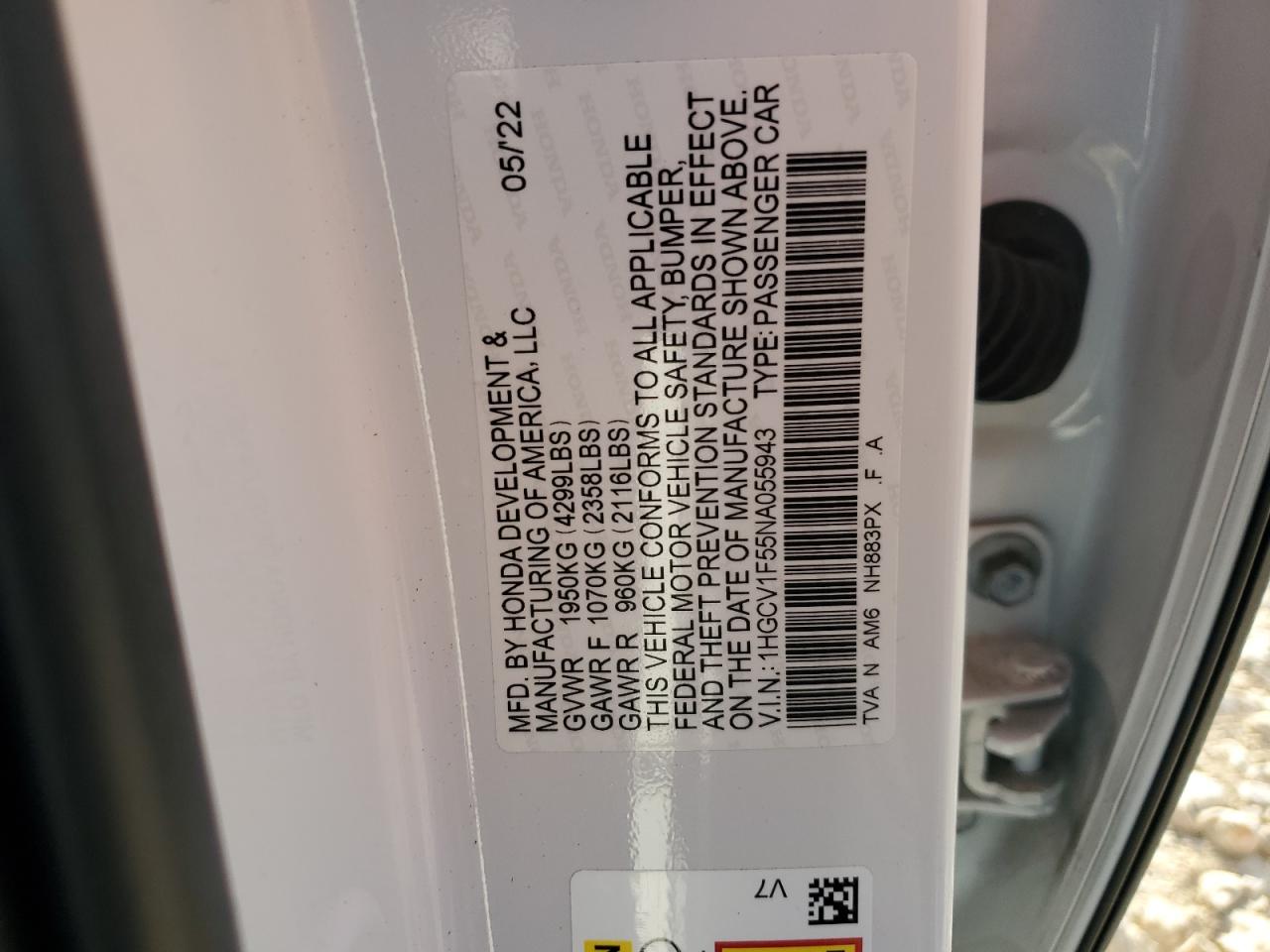 2022 Honda Accord Exl VIN: 1HGCV1F55NA055943 Lot: 62584554