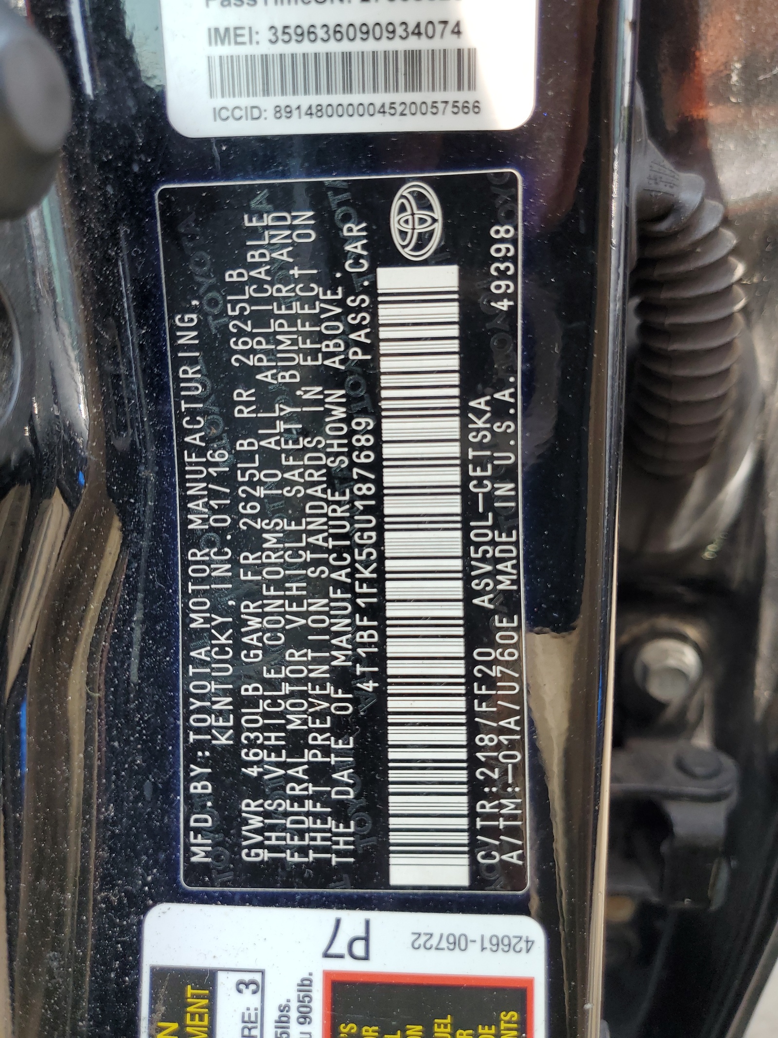 2016 Toyota Camry Le vin: 4T1BF1FK5GU187689