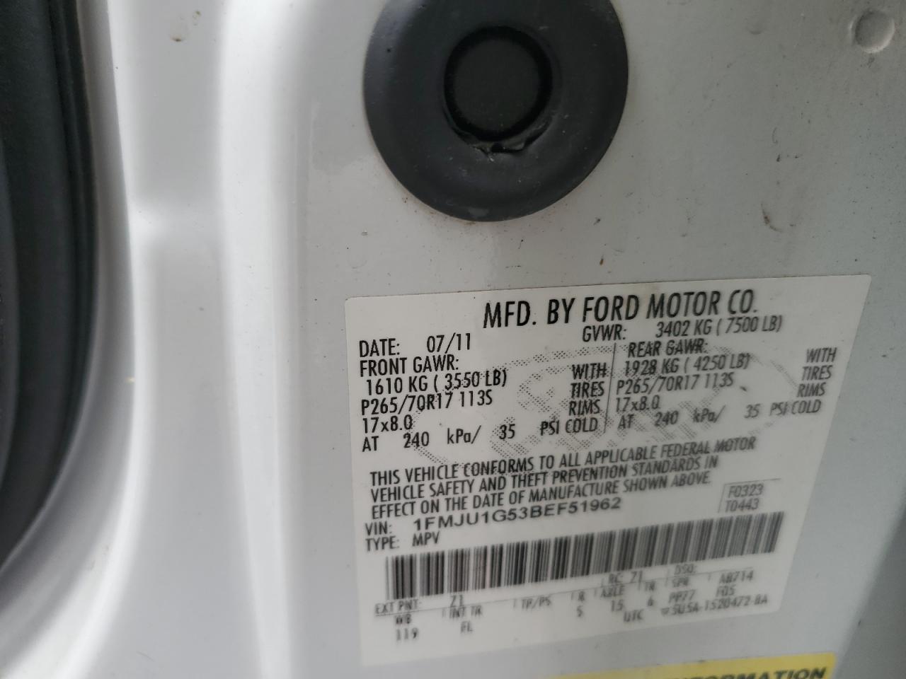 2011 Ford Expedition Xl VIN: 1FMJU1G53BEF51962 Lot: 64622034