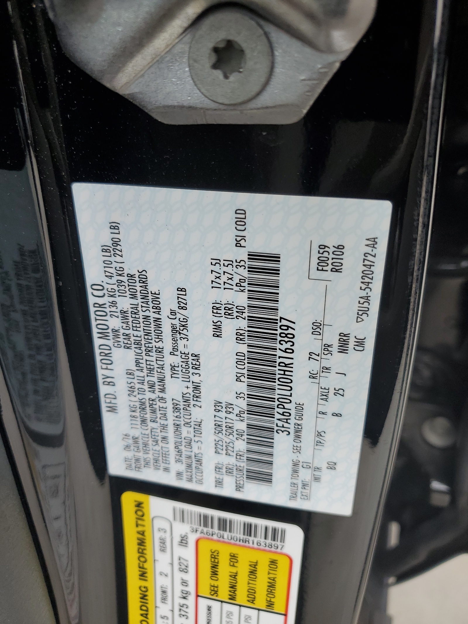 3FA6P0LU0HR163897 2017 Ford Fusion Se Hybrid