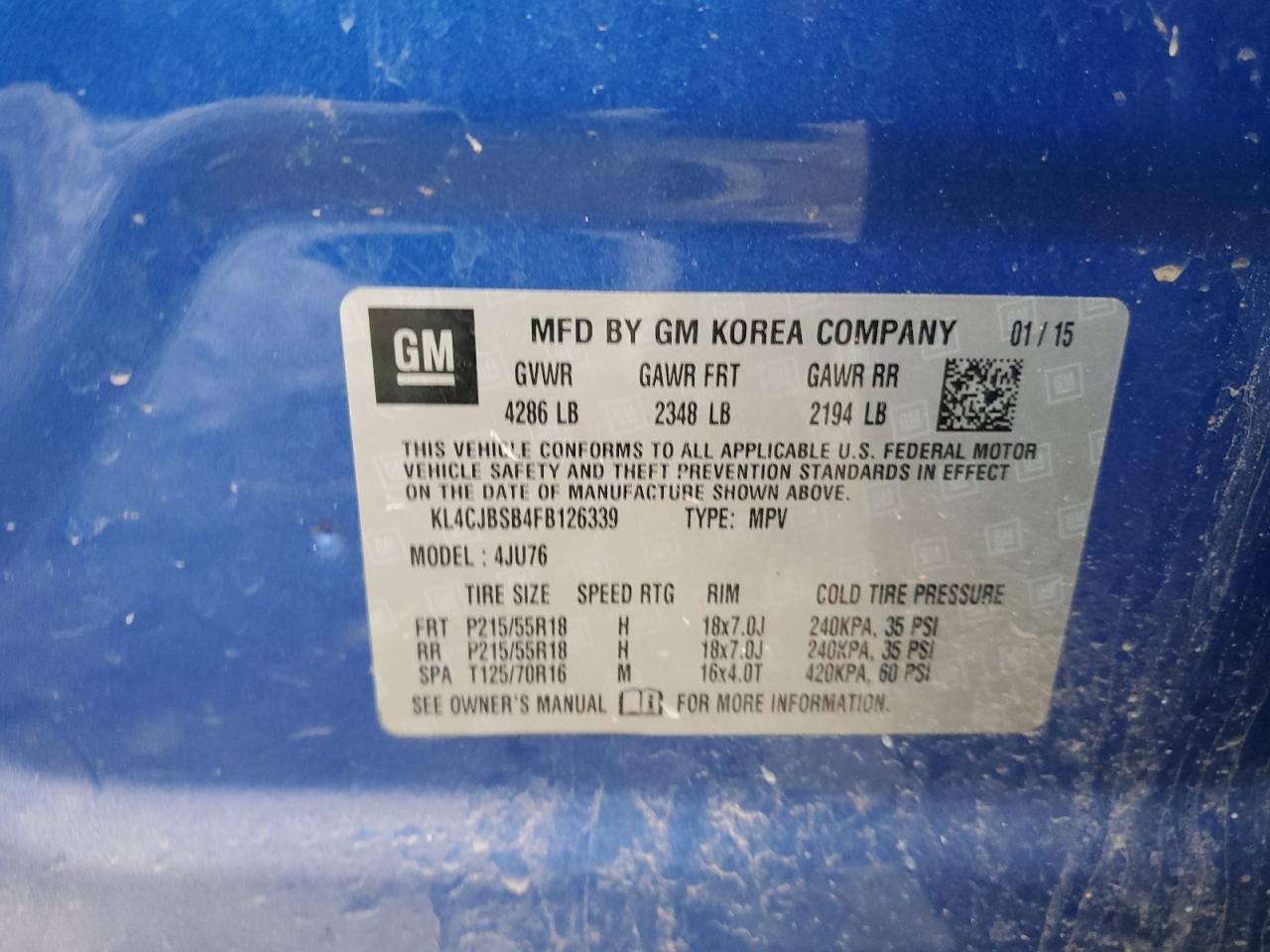 2015 Buick Encore Convenience VIN: KL4CJBSB4FB126339 Lot: 63437244