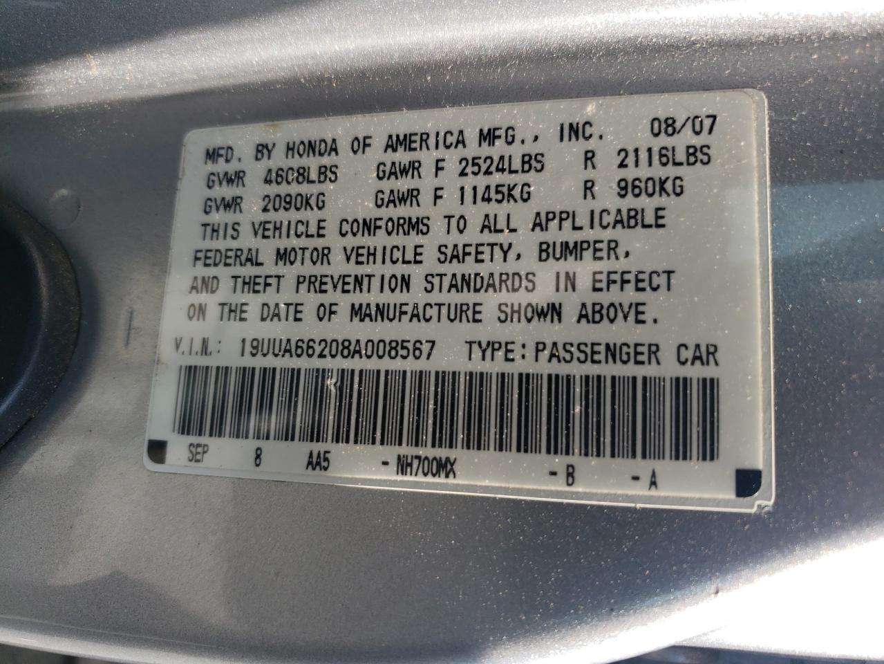 2008 Acura Tl VIN: 19UUA66208A008567 Lot: 61555934