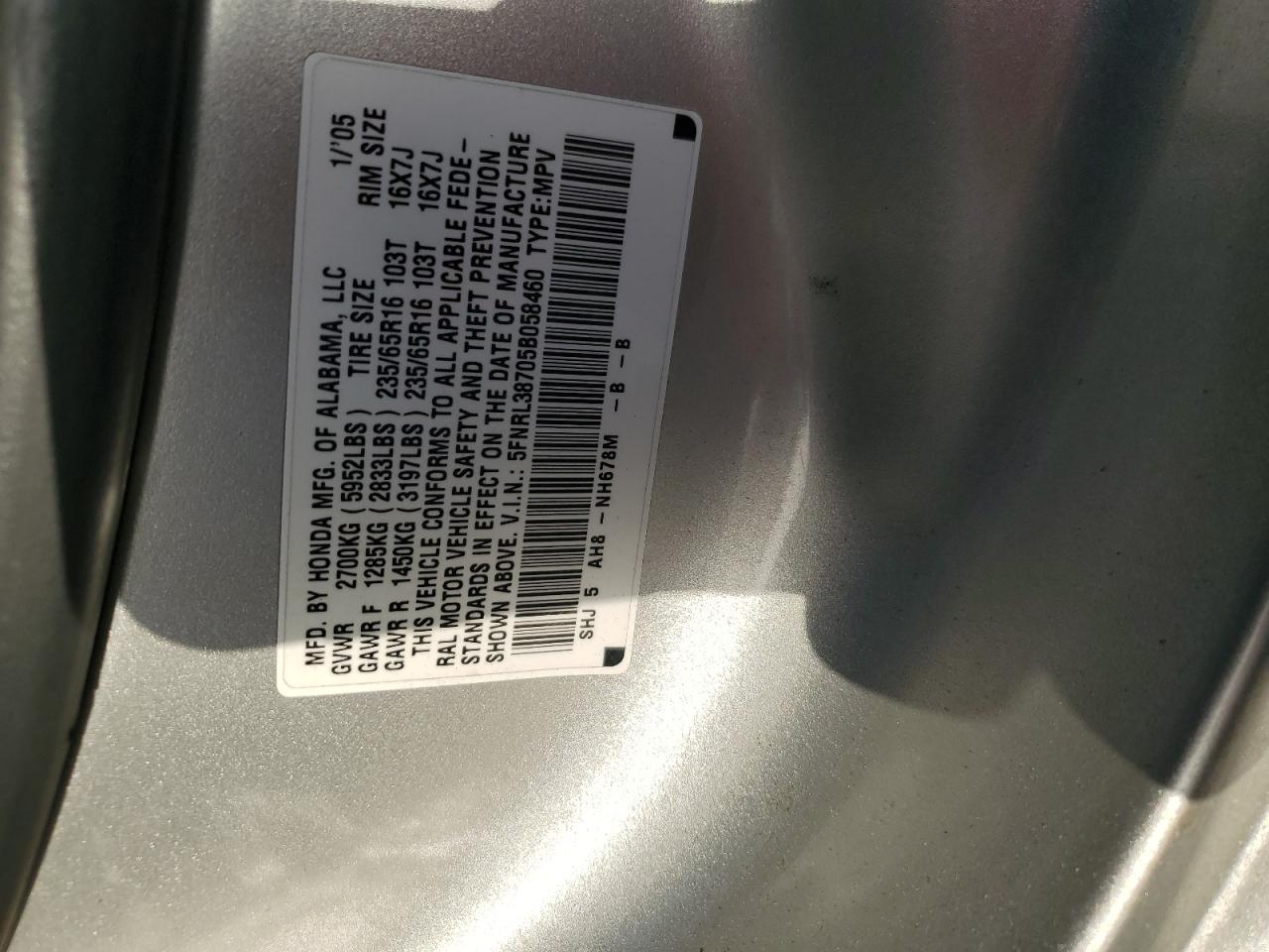 5FNRL38705B058460 2005 Honda Odyssey Exl