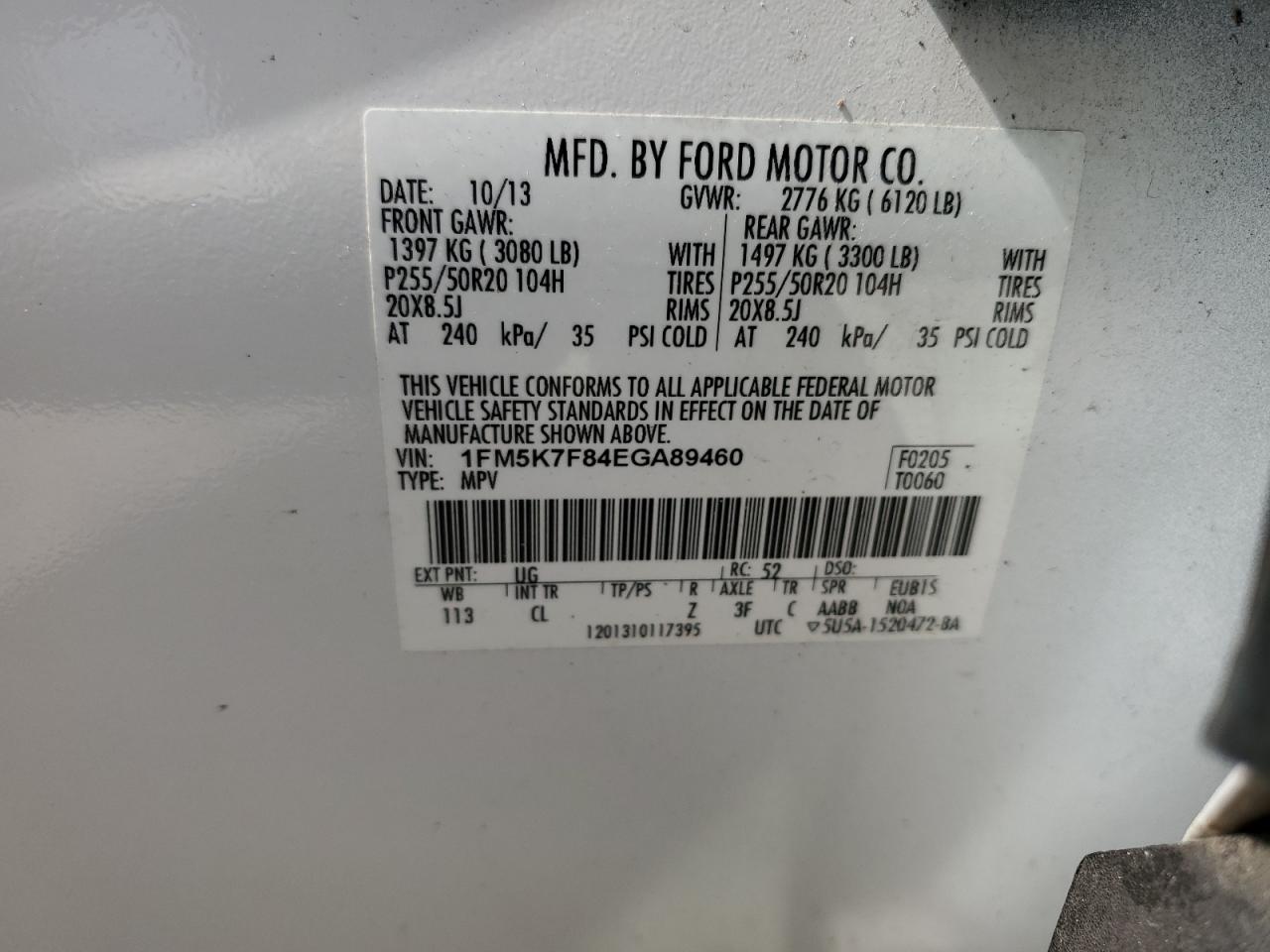 2014 Ford Explorer Limited VIN: 1FM5K7F84EGA89460 Lot: 63800004