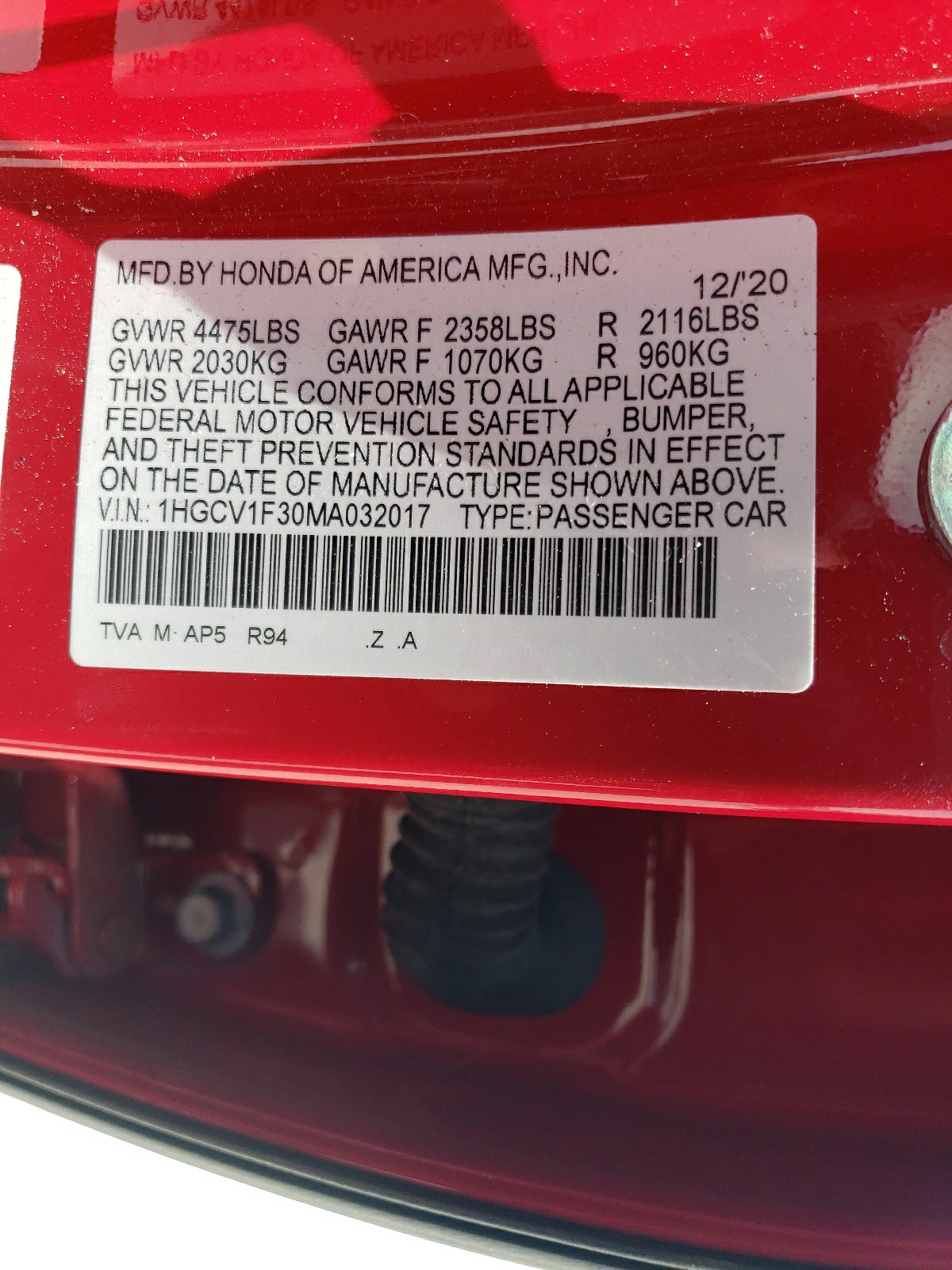 1HGCV1F30MA032017 2021 Honda Accord Sport