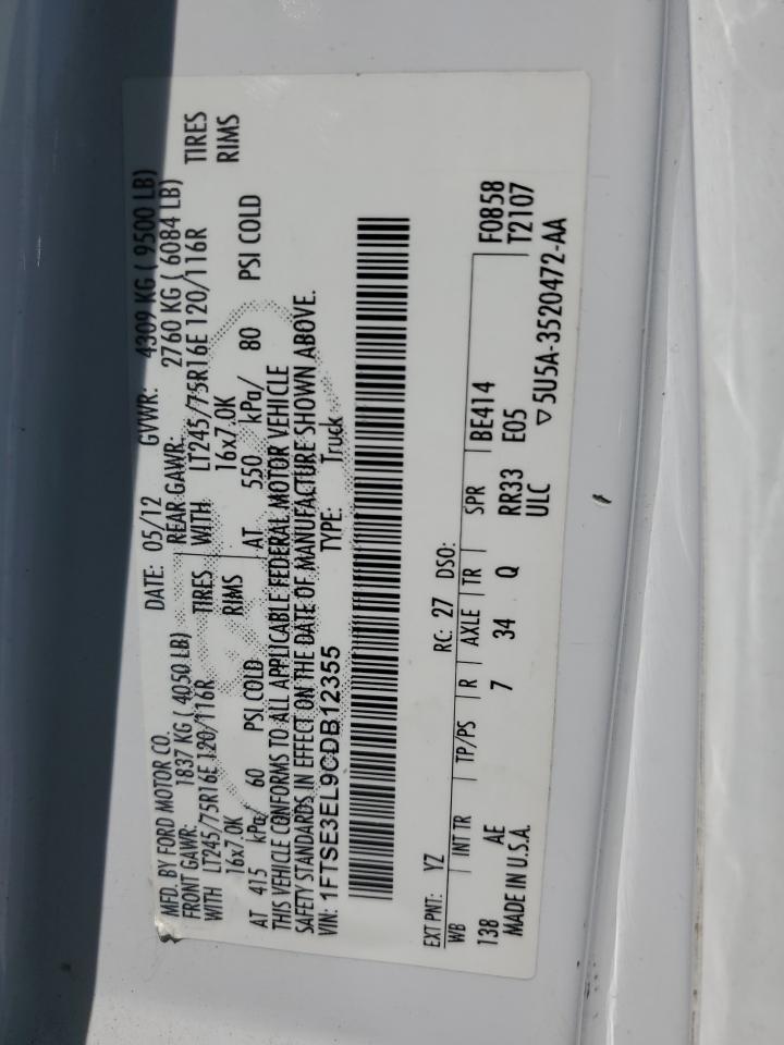 2012 Ford Econoline E350 Super Duty Van VIN: 1FTSE3EL9CDB12355 Lot: 67870354