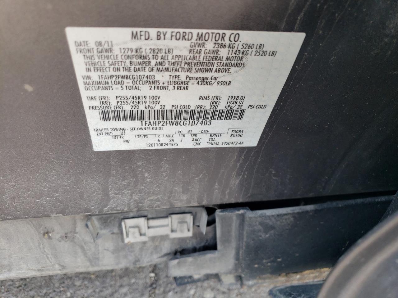 2012 Ford Taurus Limited VIN: 1FAHP2FW8CG107403 Lot: 63708914