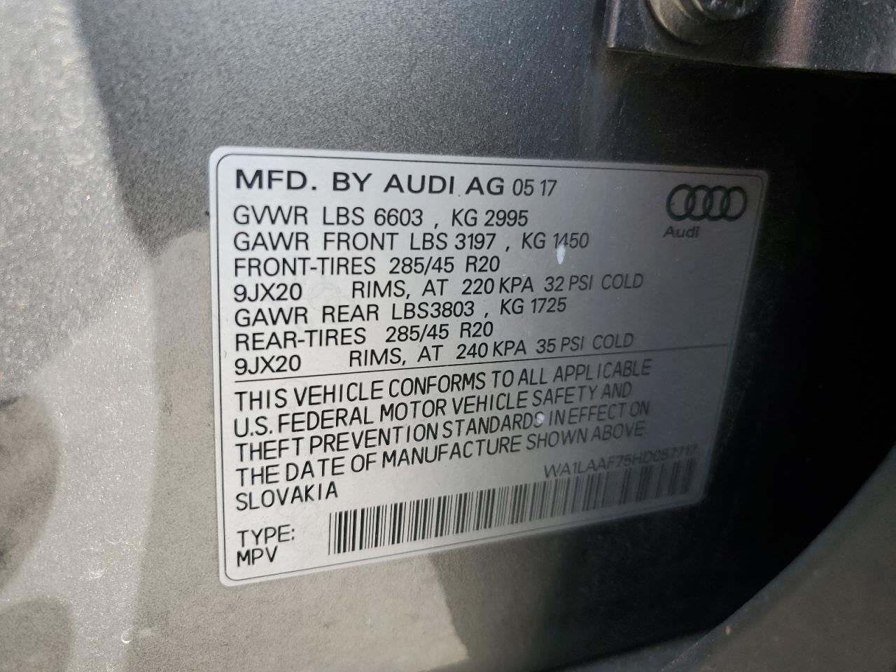 2017 Audi Q7 Premium Plus VIN: WA1LAAF75HD057717 Lot: 65321384