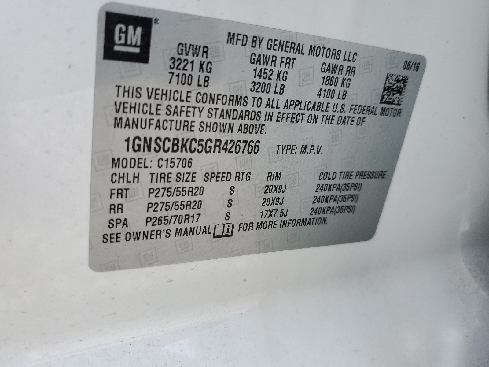 1GNSCBKC5GR426766 2016 Chevrolet Tahoe C1500 Lt