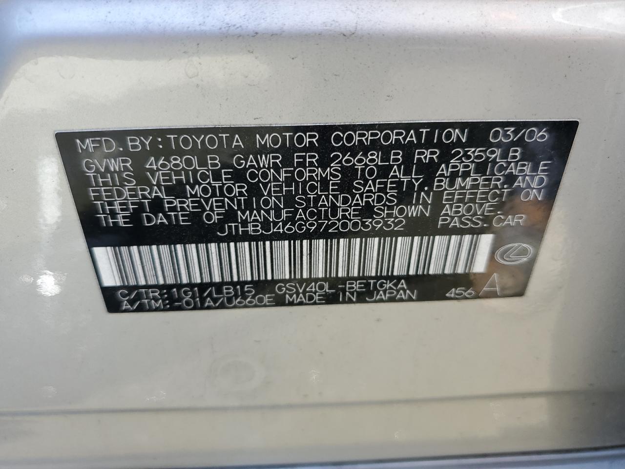 2007 Lexus Es 350 VIN: JTHBJ46G972003932 Lot: 61311834