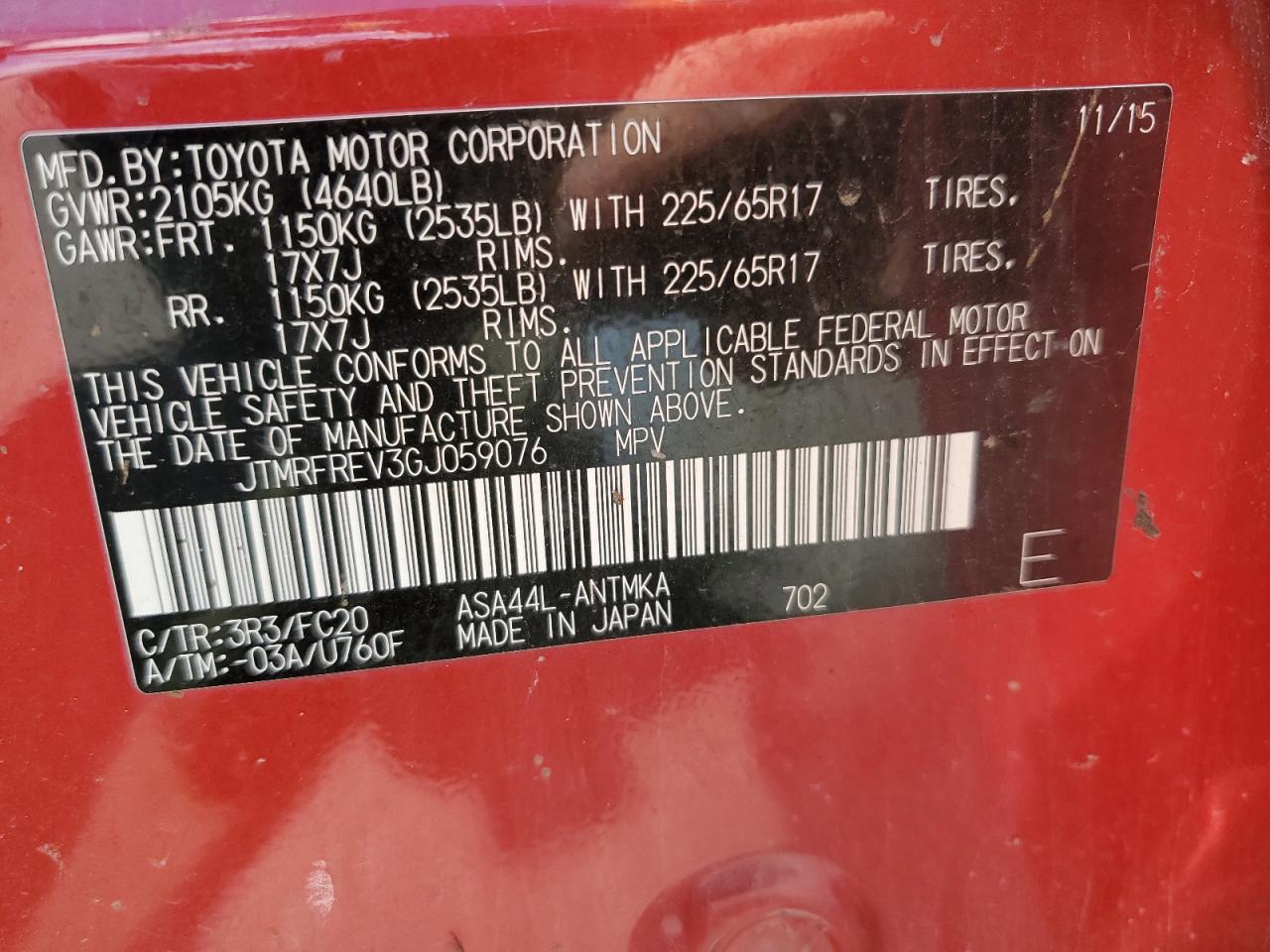 2016 Toyota Rav4 Xle VIN: JTMRFREV3GJ059076 Lot: 60763154