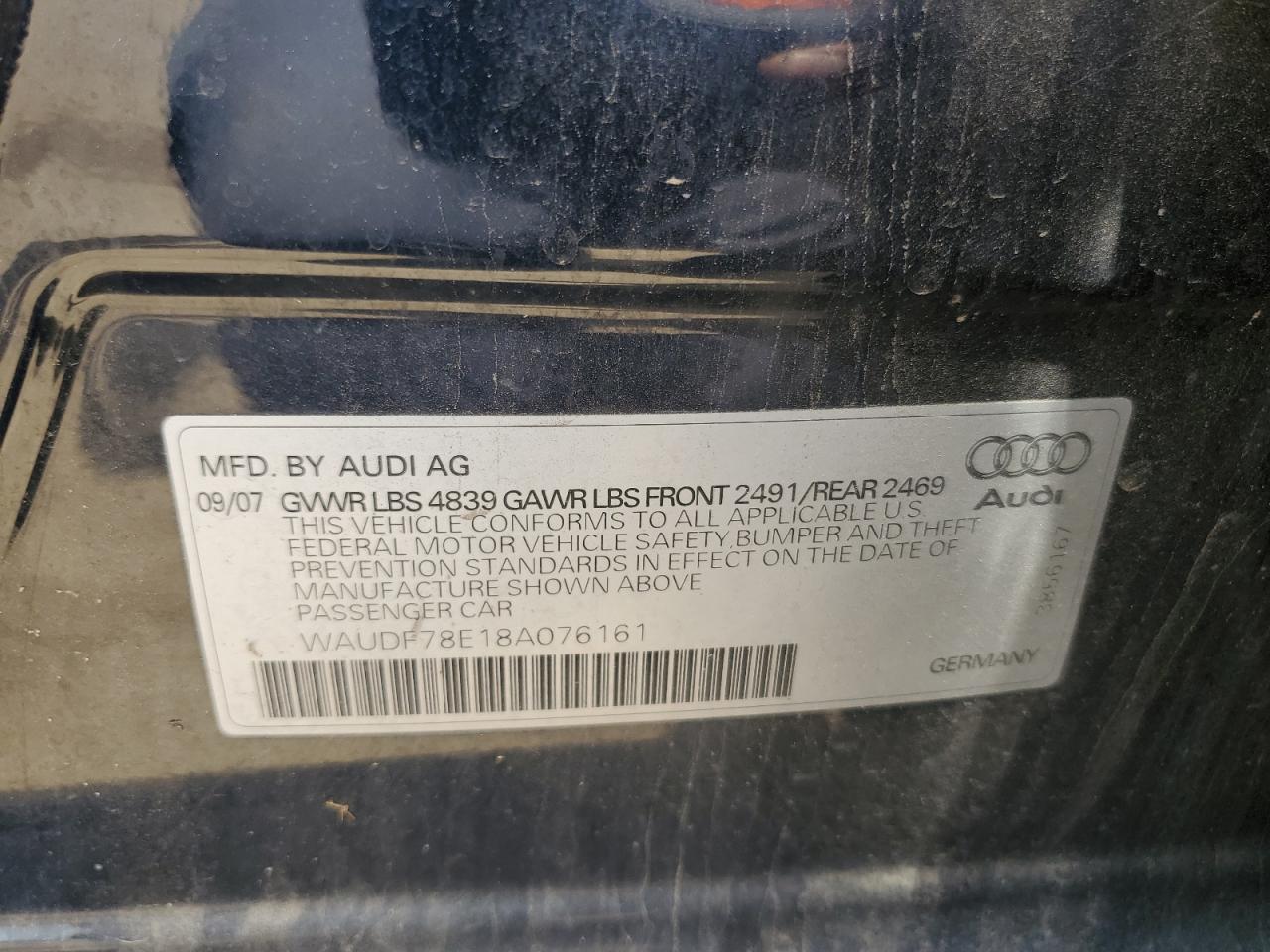 2008 Audi A4 2.0T Quattro VIN: WAUDF78E18A076161 Lot: 63277684