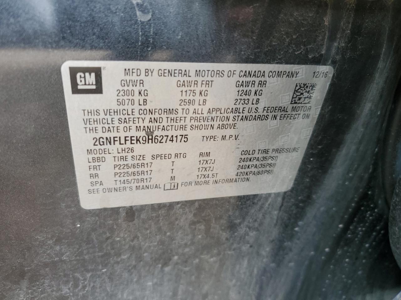 2017 Chevrolet Equinox Lt VIN: 2GNFLFEK9H6274175 Lot: 64006984