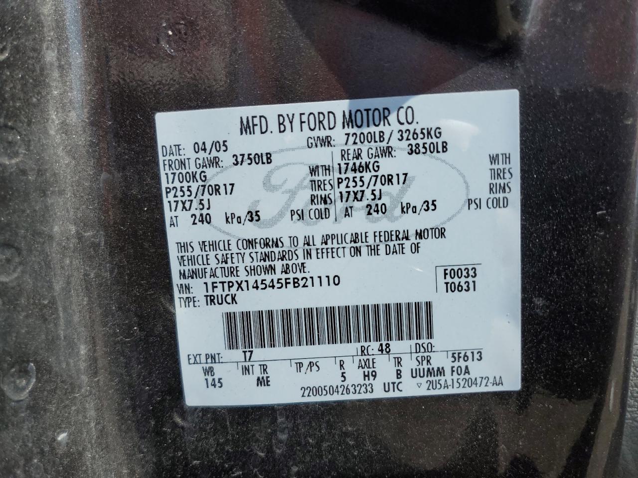 1FTPX14545FB21110 2005 Ford F150