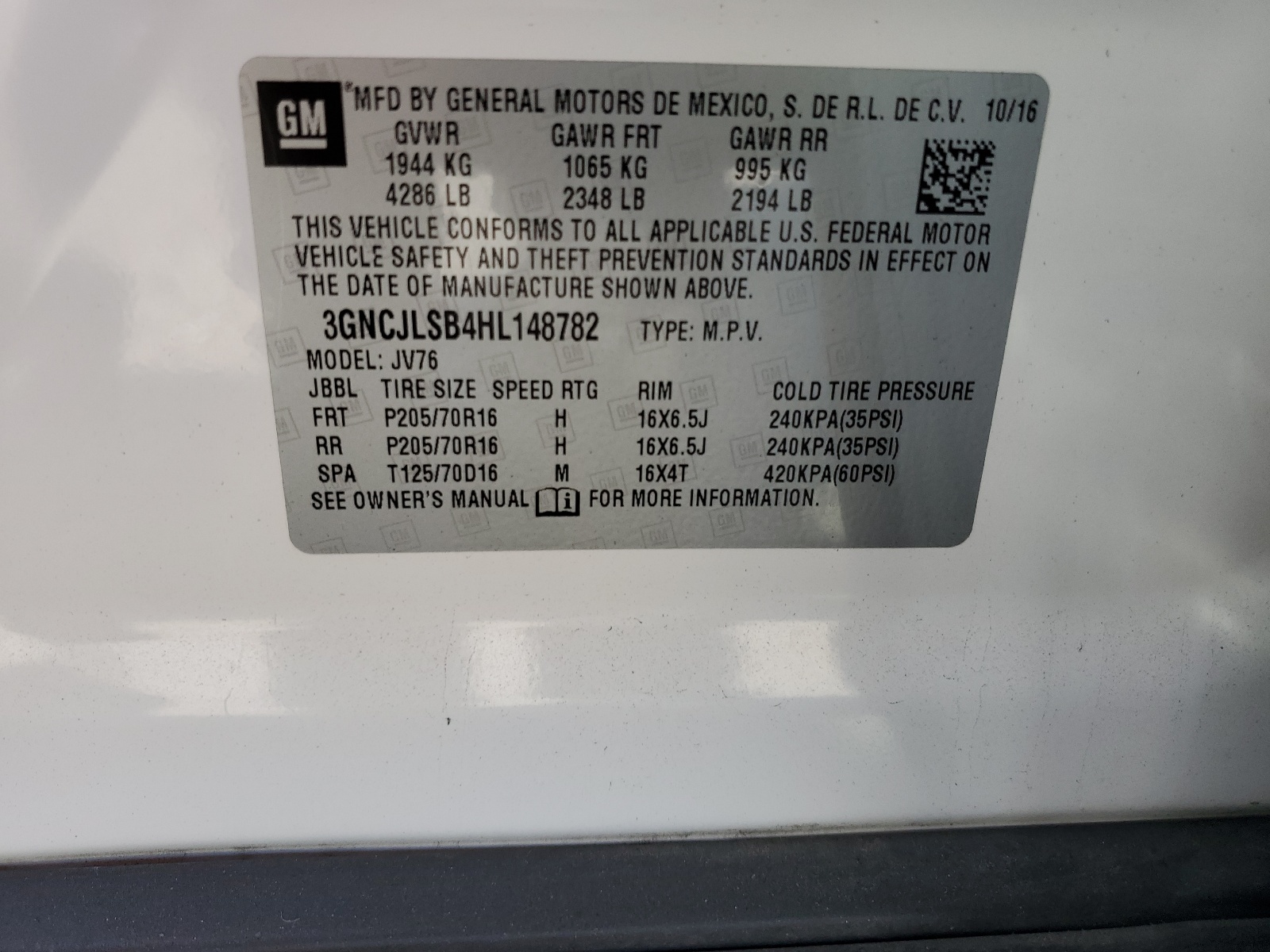 3GNCJLSB4HL148782 2017 Chevrolet Trax 1Lt